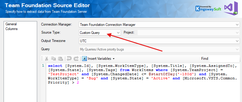 Switching to Custom query in Azure DevOps Source